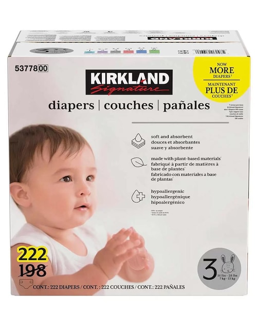 KIRKLAND SIGNATURE Pañales para bebé Kirkland Signature etapa 3 unisex con 222 piezas