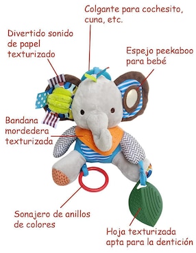 Juguete portátil Elefante didáctico con colgante, mordedera y sonaja Dara Baby