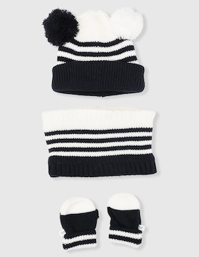 Set gorro, guantes y bufanda Mon Caramel estampado a rayas con borla de bebé niño