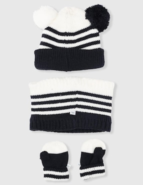 Set gorro, guantes y bufanda Mon Caramel estampado a rayas con borla de bebé niño