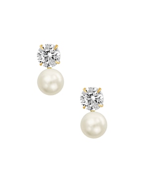 Broqueles redondos Sabelli de oro amarillo 14 k con acabado pulido perla con zirconia