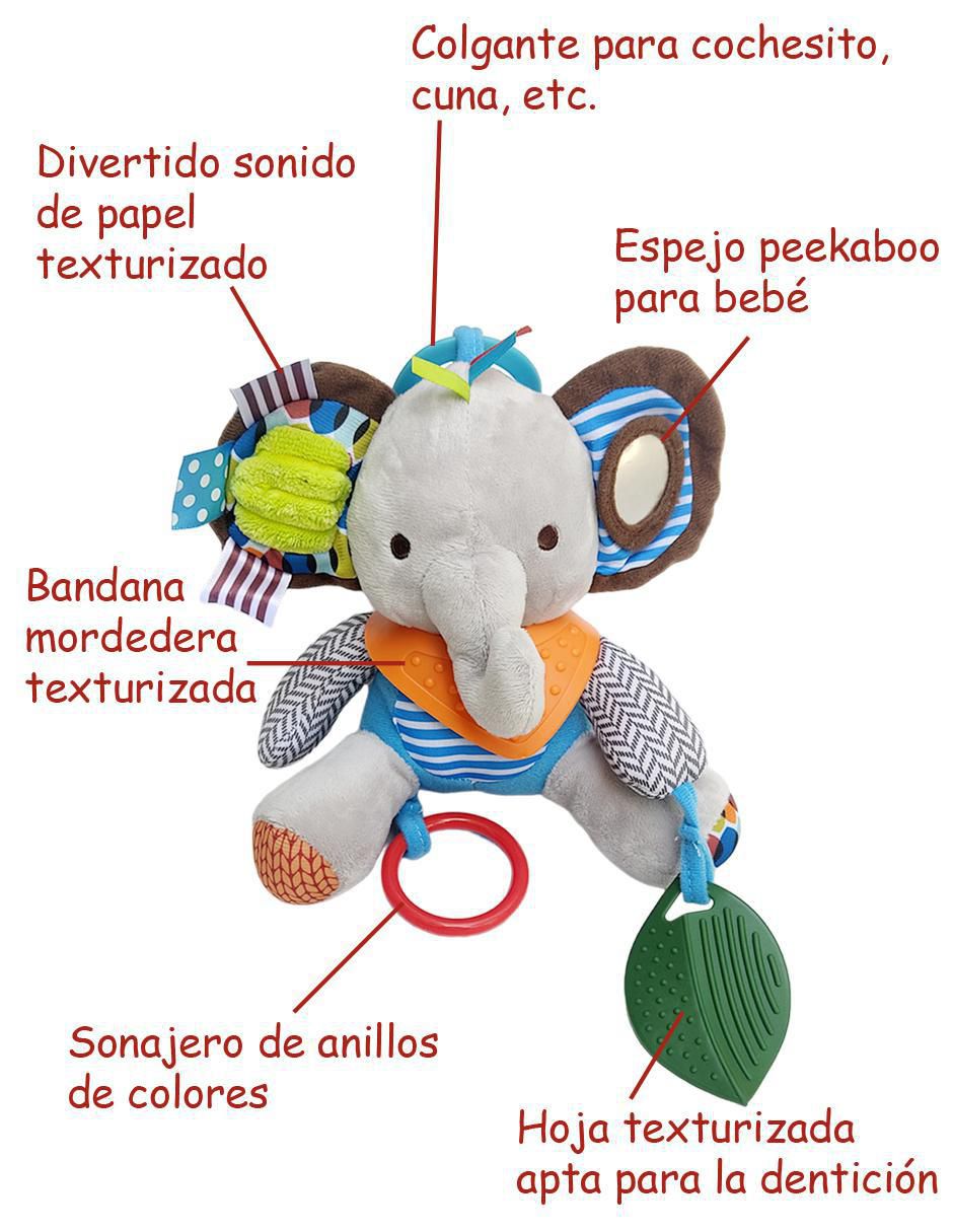Juguete portátil Elefante didáctico con colgante, mordedera y sonaja 2