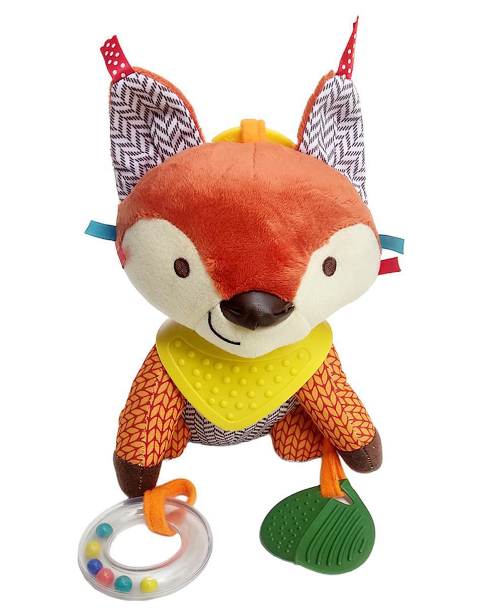 Juguete portátil Zorrito didáctico con colgante, mordedera y sonaja