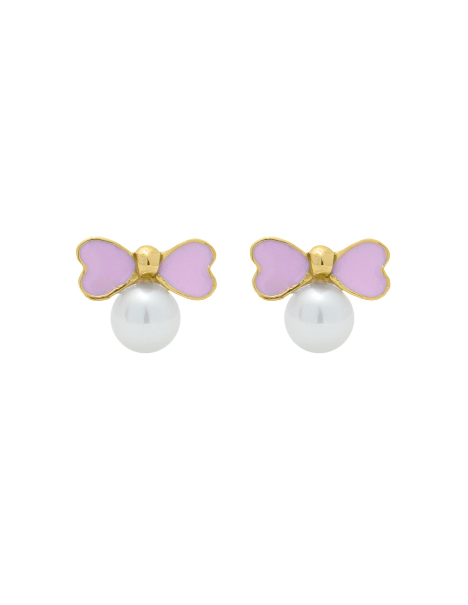Broqueles de moño de oro amarillo con acabado esmaltado perla