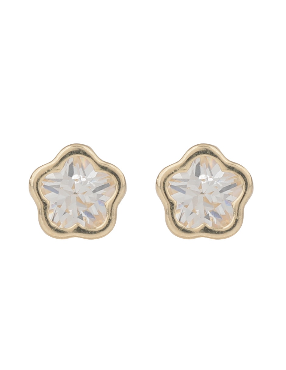 Broqueles de flor de oro amarillo con acabado brillante zirconia