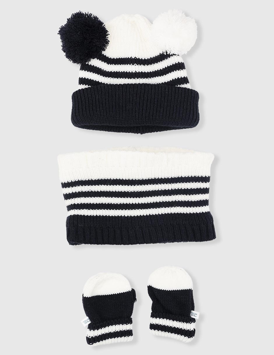 Set gorro, guantes y bufanda estampado a rayas con borla de bebé niño 1