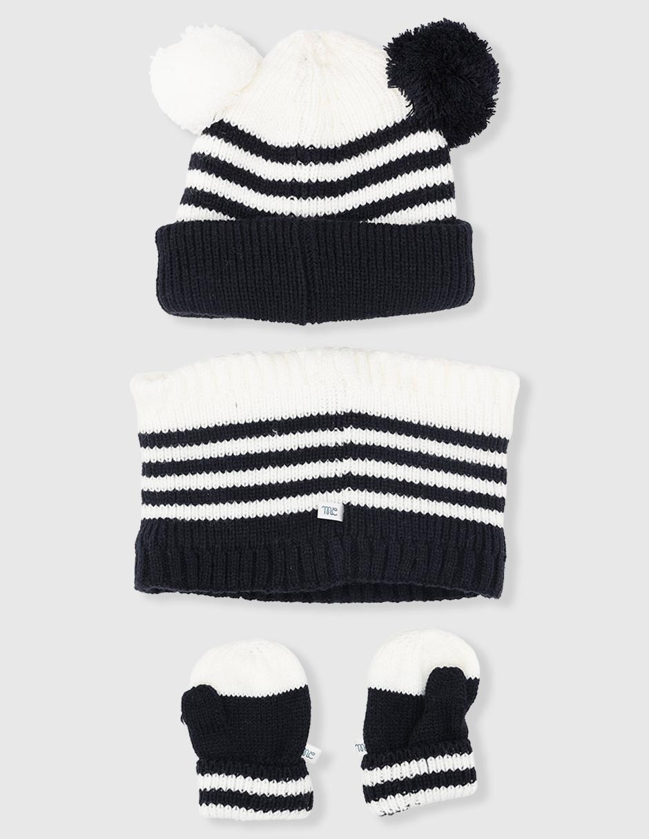 Set gorro, guantes y bufanda estampado a rayas con borla de bebé niño 2