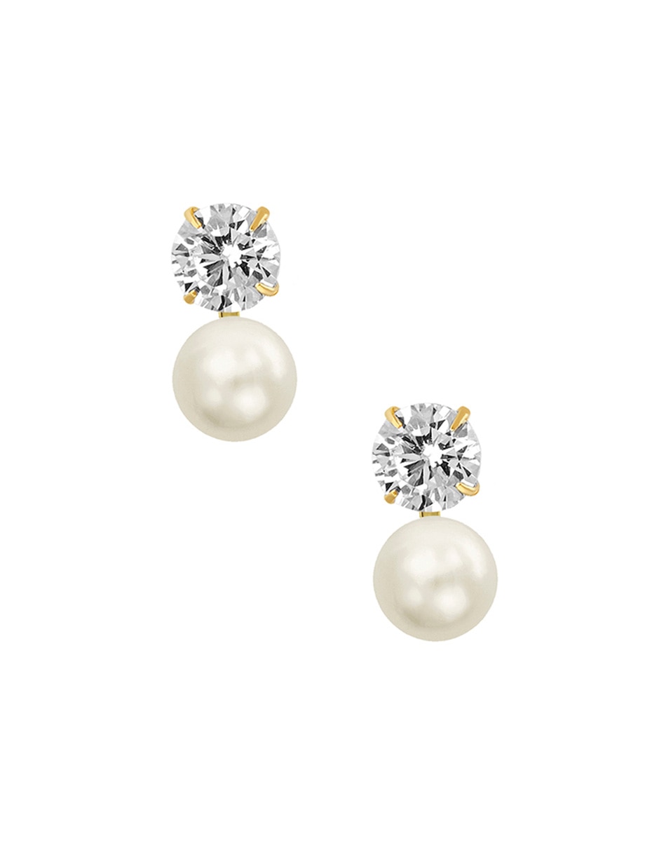Broqueles redondos de oro amarillo 14 k con acabado pulido perla con zirconia Broqueles redondos de oro amarillo 14 k con acabado pulido perla con zirconia