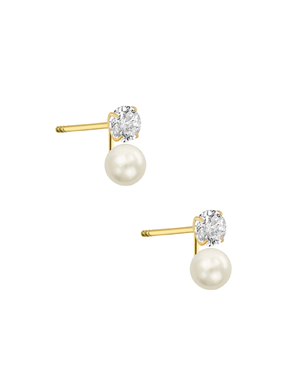 Broqueles redondos de oro amarillo 14 k con acabado pulido perla con zirconia 2