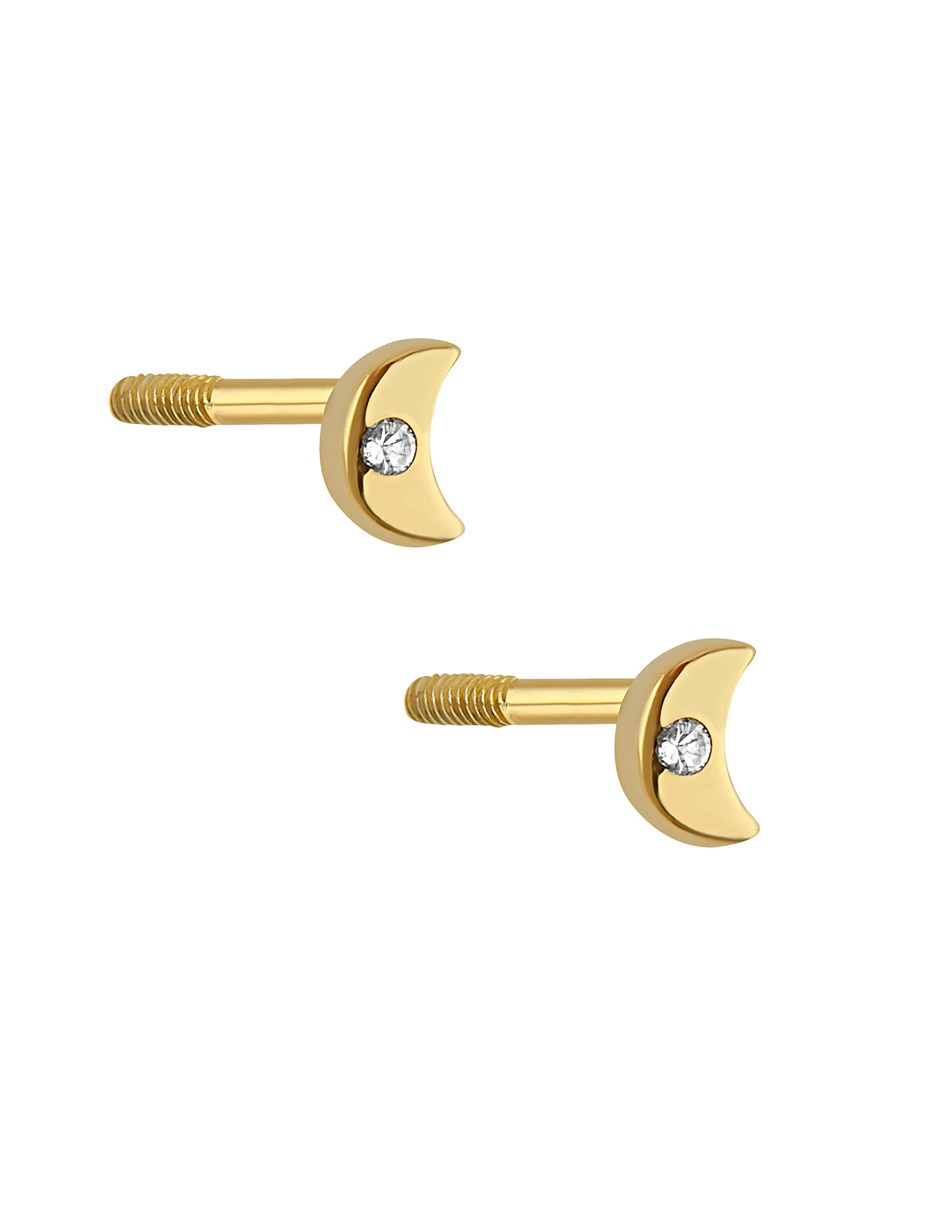Aretes cortos de luna sabelli de oro amarillo 14 k con acabado brillante diamante 4