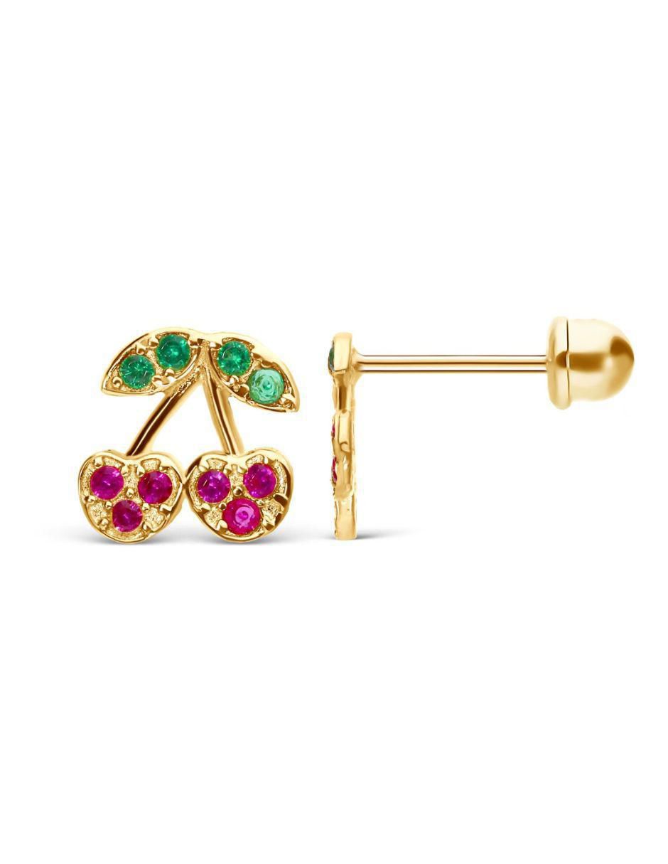 Broqueles de cereza de oro 14 K con acabado esmaltado zirconia 2