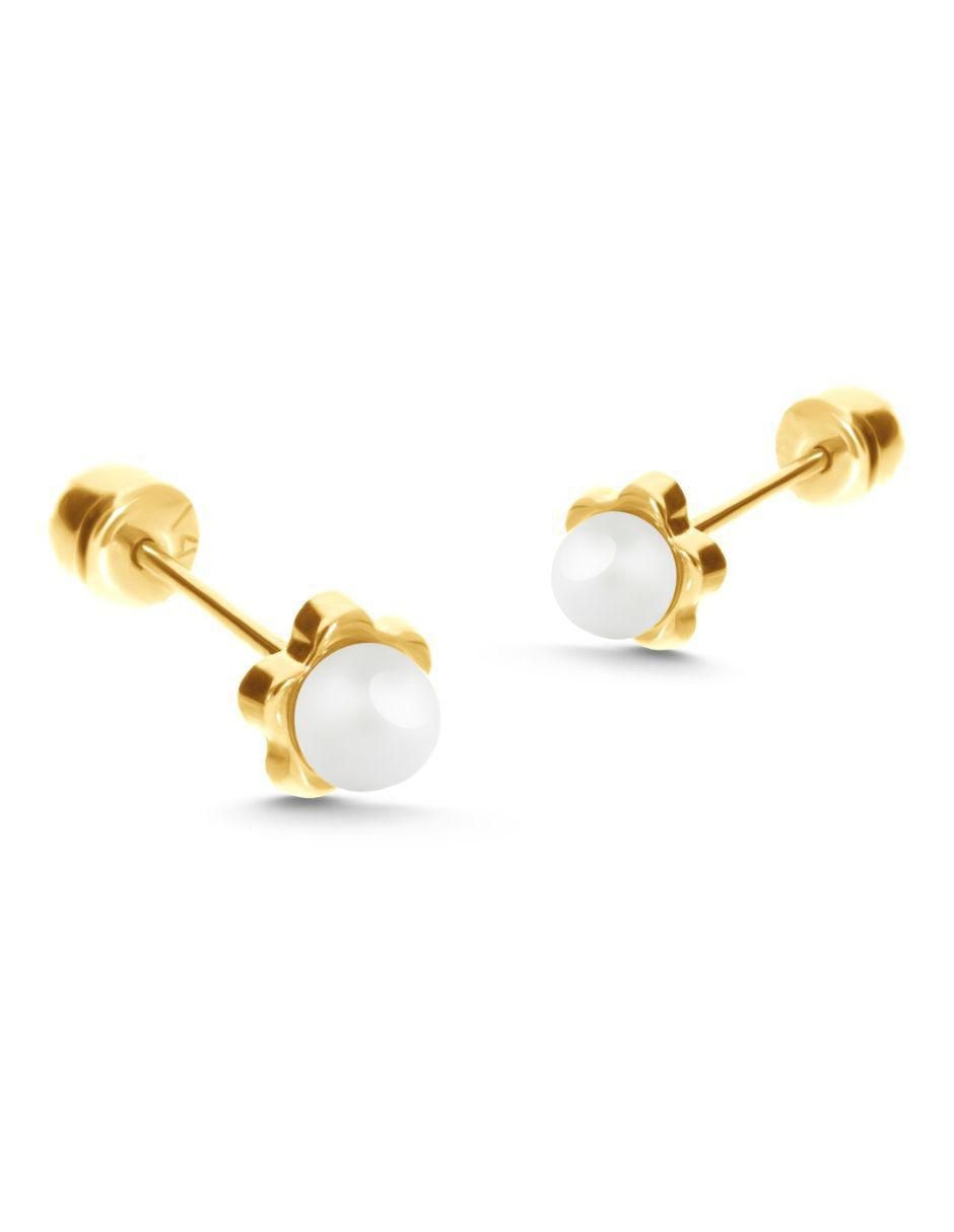 Broqueles de flor de oro 14 K con acabado liso perla Broqueles de flor de oro 14 K con acabado liso perla