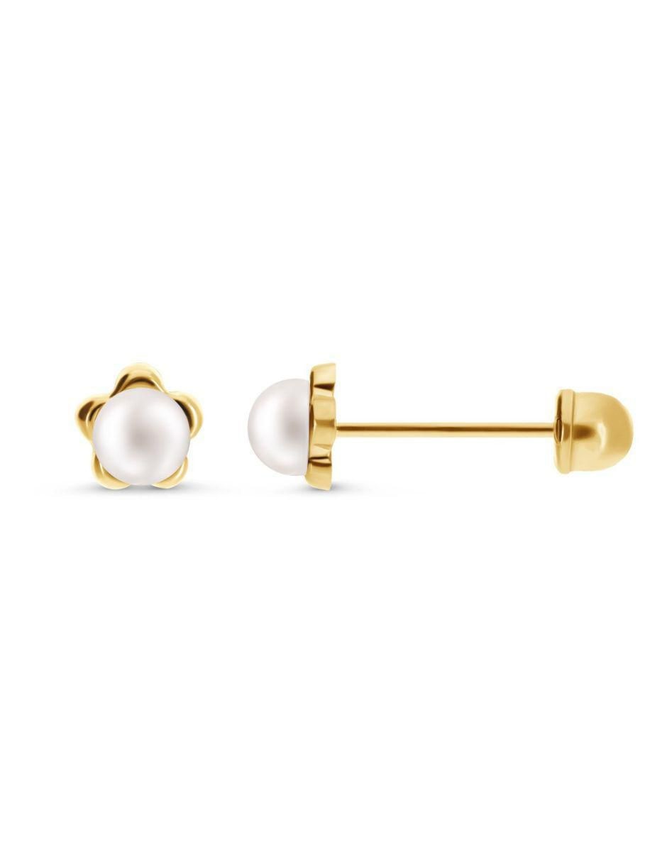 Broqueles de flor de oro 14 K con acabado liso perla 2