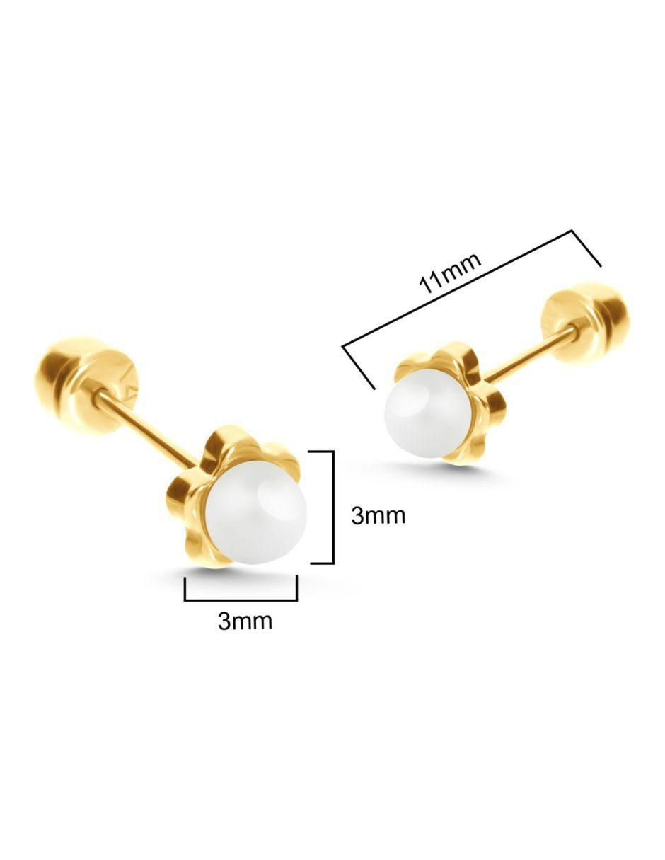 Broqueles de flor de oro 14 K con acabado liso perla 3
