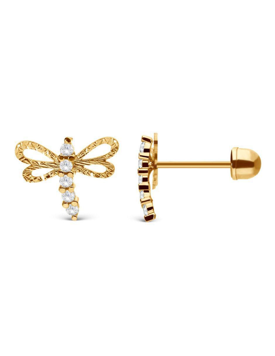 Broqueles de libélula de oro 14 K con acabado texturizado zirconia 2